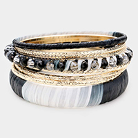 8PCS - Woven Straw Wrapped Bead Metal Layered Bracelets 