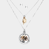 Burnished Metal Elephant Clover Pendant Layered Necklace