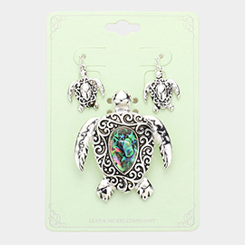 Embossed Metal Abalone Turtle Magnetic Pendant Set