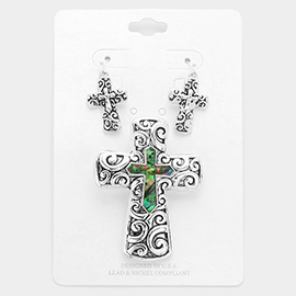 Embossed Metal Abalone Cross Magnetic Pendant Set