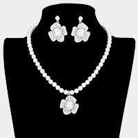 Floral Pearl Rhinestone Pave Collar Necklace