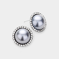 Pearl Rhinestone Pave Trim Stud Earrings 
