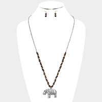 Burnished Metal Elephant Pendant Beaded Long Necklace