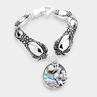 Abalone Seahorse Pearl Charm Patterned Antique Silver Bracelet