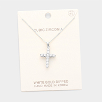 White Gold Dipped Cubic Zirconia Cross Pendant Necklace 
