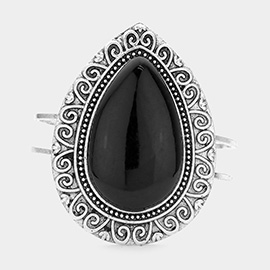Antique Pattern Embossed Metal Onyx Stone Hinged Bracelet