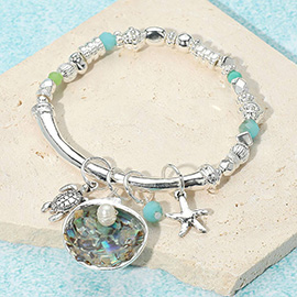 Sea Life Shell Charm Multi Bead Stretch Bracelet