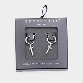 Secret_Box - 24K White Gold Dipped CZ Cross Drop Pin Catch Earrings