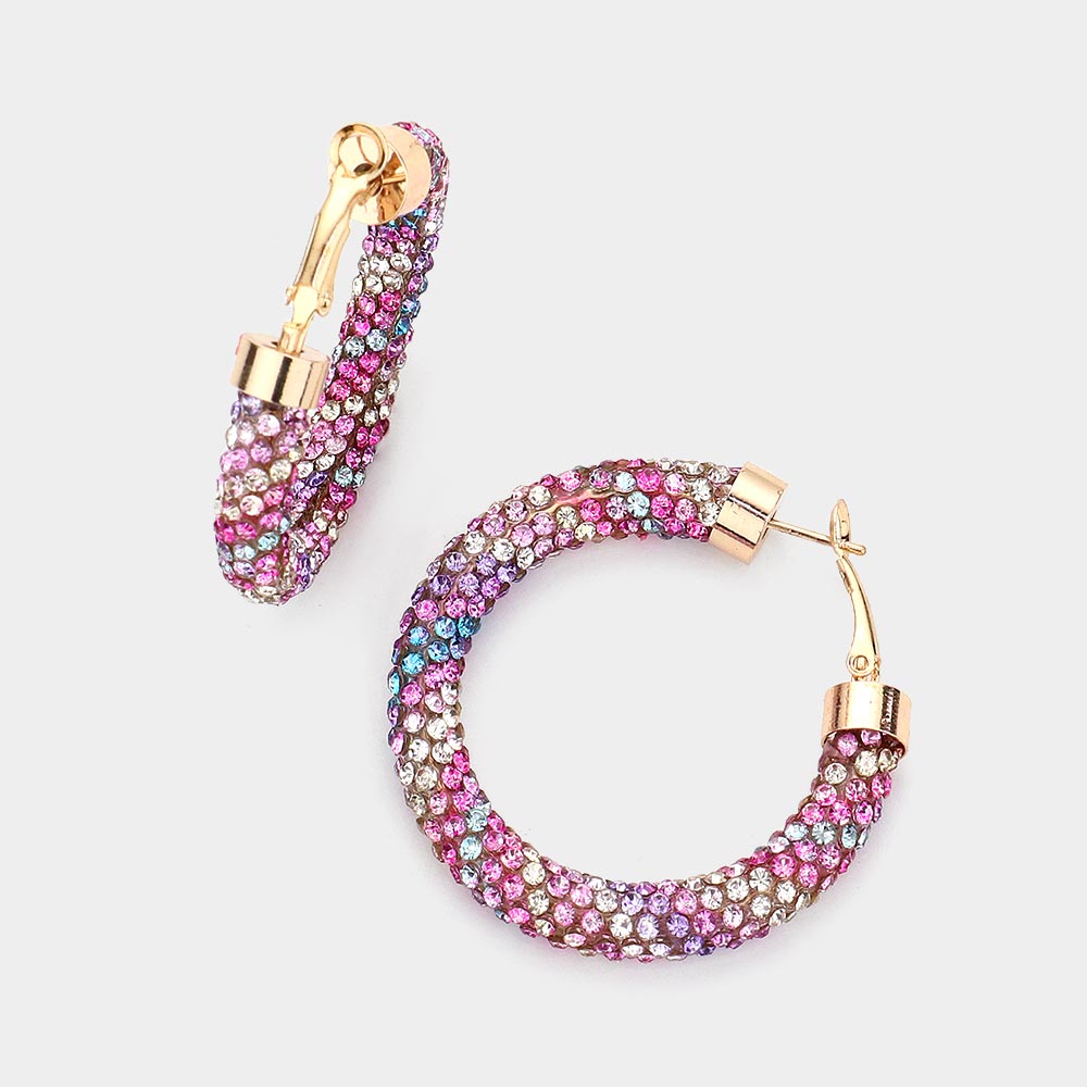 Colorful Rhinestone Pave Hoop Earrings