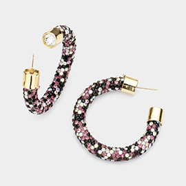 Clear Stone Detail Rhinestone Pave Half Hoop Earrings