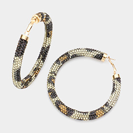 Leopard Patterned Rhinestone Pave Hoop Earrings