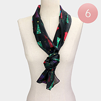 6PCS - Silk Feel Satin Striped Christmas Tree Print Scarves