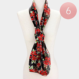 6PCS - Silk Feel Satin Striped Poinsettia Print Scarves