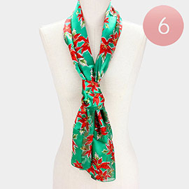 6PCS - Silk Feel Satin Striped Poinsettia Print Scarves