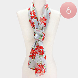 6PCS - Silk Feel Satin Striped Poinsettia Print Scarves
