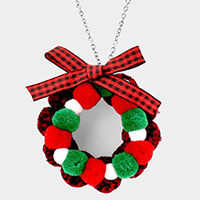 Bow Pom Pom Wreath Long Pendant Necklace