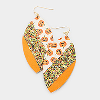 Pumpkin Pattern Diagonal Glitter Marquise Shaped Leather Earrings