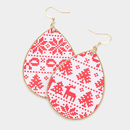 Christmas Pattern Print Faux Leather Teardrop Earrings