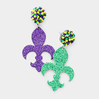 Fleur de Lis Mardi Gras Glitter Bling Dangle Earrings
