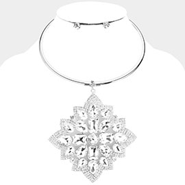 Multi Stone Flower Pendant Choker Evening Necklace