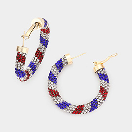 American USA Flag Rhinestone Pave Hoop Earrings