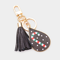 Candy Cane Print Faux Leather Teardrop Tassel Keychain