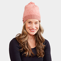 Face Mask Holder Button Cable Knit Pom Pom Beanie Hat