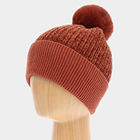 Solid Knit Faux Fur Pom Pom Beanie Hat