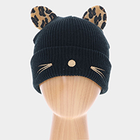 Cable Knit Leopard Pattern Cat Ear Beanie Hat