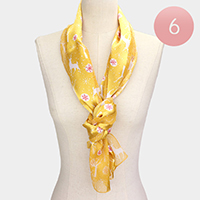 6PCS - Silk Feel Striped Reindeer Snowflake Print Satin Scarf