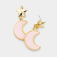 Metal Star Druzy Crescent Moon Link Dangle Earrings