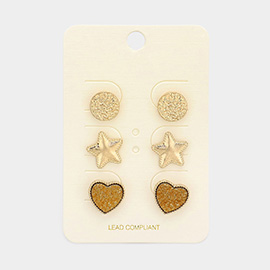 3Pairs - Textured Metal Disc Star Druzy Heart Stud Earrings