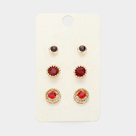 3Pairs - Round Stone Accented Stud Earrings