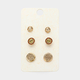 3Pairs - Cut Out Metal Bubble Stone Round Stud Earrings