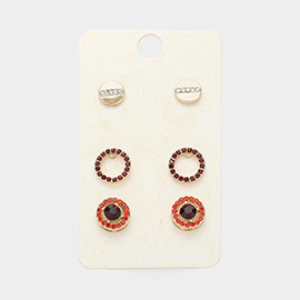 3Pairs - Rhinestone Embellished Round Stud Earrings
