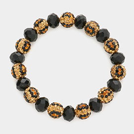 Leopard Pattern Shamballa Ball Faceted Bead Stretch Bracelet
