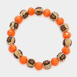 Leopard Pattern Shamballa Ball Faceted Bead Stretch Bracelet