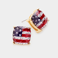 American USA Flag Glitter Square Stone Stud Earrings