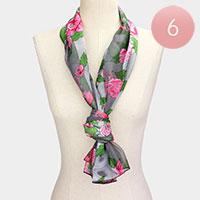 6PCS - Silk Feel Striped Flower Pattern Print Satin Scarf