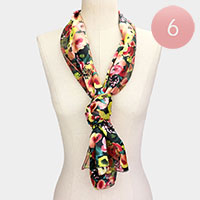 6PCS - Silk Feel Striped Flower Pattern Print Satin Scarves
