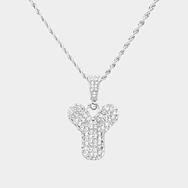 -Y- Rhinestone Monogram Pendant Brass Chain Necklace