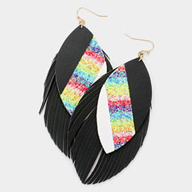 Bling Glitter Accented Faux Leather Feather Earrings
