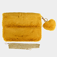 Detachable Heart Pom Pom Keychain Faux Fur Crossbody Bag