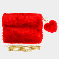 Detachable Heart Pom Pom Keychain Faux Fur Crossbody Bag