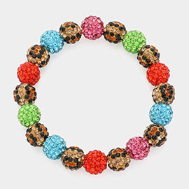 Leopard Pattern Colorful Shamballa Ball Stretch Bracelet