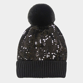 Sequin Embellished Pom Pom Beanie Hat