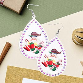 Stone Trim Santa Claus Xmas Gift Serape Print Metal Teardrop Dangle Earrings