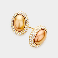 Rhinestone Embellished Oval Pearl Stud Earrings