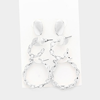 3Pairs - Metal Oval Chain Hoop Earrings