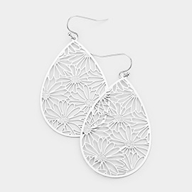 Filigree Flower Detail Brass Metal Teardrop Dangle Earrings